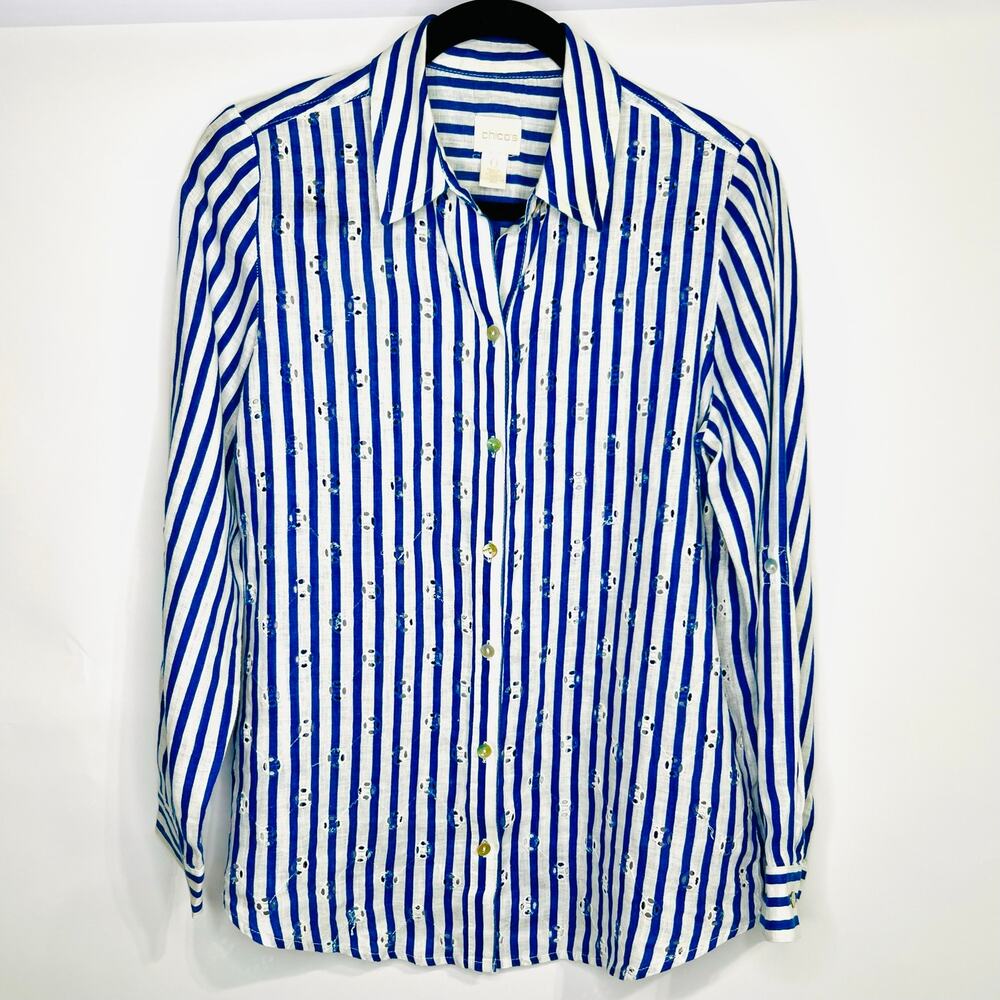 Chico's 100% Linen Striped Eyelet Button Down Shirt Blue White Size 0 / Small - Picture 5 of 8